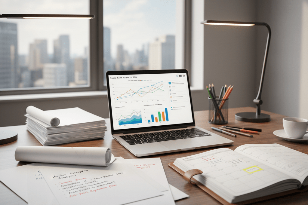 Desk with laptop showing analytics, documents, and planner under natural and ambient light, representing capacity planning strategies