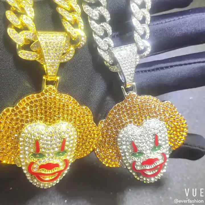 Zinc Alloy Hip Hop Punk Rhinestone Clown Pendant Necklace