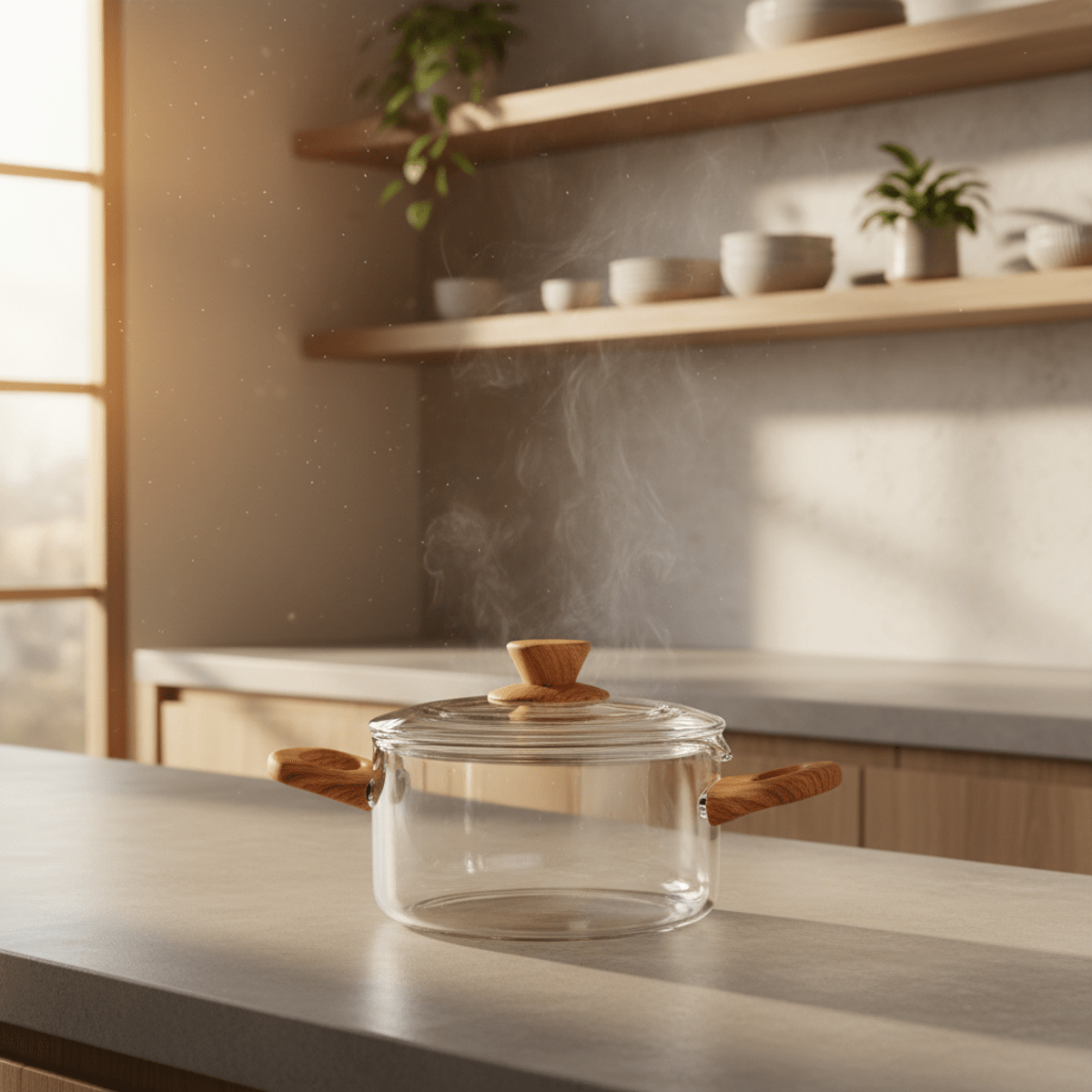 Modern Japandi glass cooking pot with acacia wood accents on a Scandinavian kitchen counter.