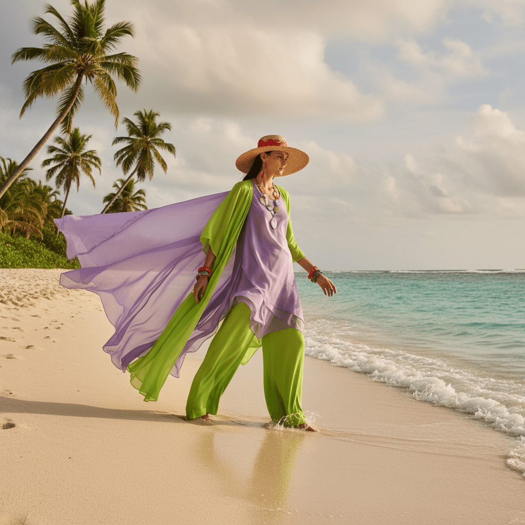 Model in color-blocked outfit with subtle sheen on a tropical beach.