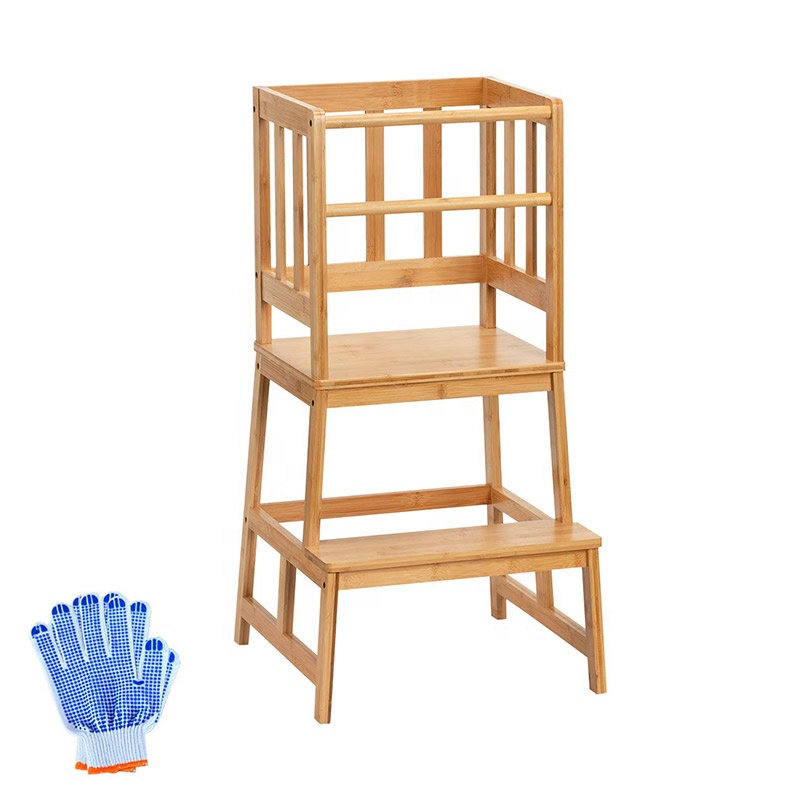 Bamboo Kids Kitchen Step Stool Helper With Safety Rail Non-Slip Mat For Toddlers 18 Months To 3 Years Old Natural Color