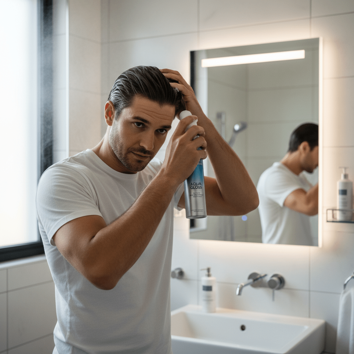 Man applying high-shine hair mousse for a wet reflective finish.