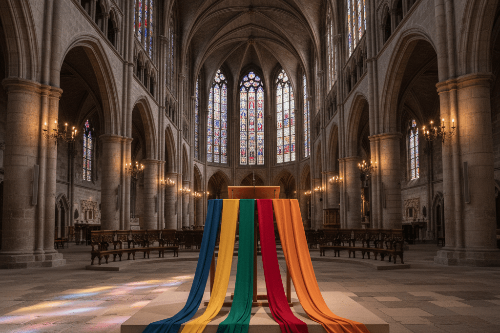 Wide shot of a serene cathedral interior with multicolored fabric on podium under natural light, representing cross-cultural leadership transition