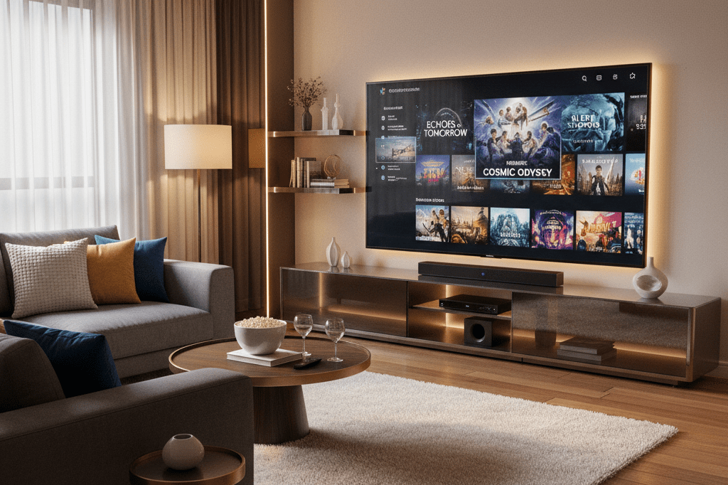 Living room with large TV displaying generic streaming menu under ambient lighting, evoking excitement for controlled-release films