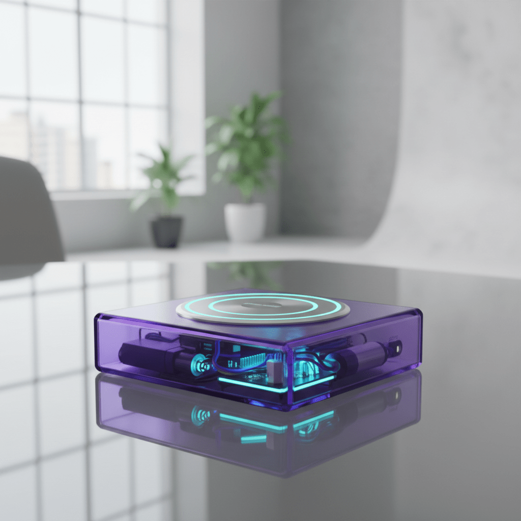 Futuristic atomic purple mp3 player with tactile click-wheel on a glass table.