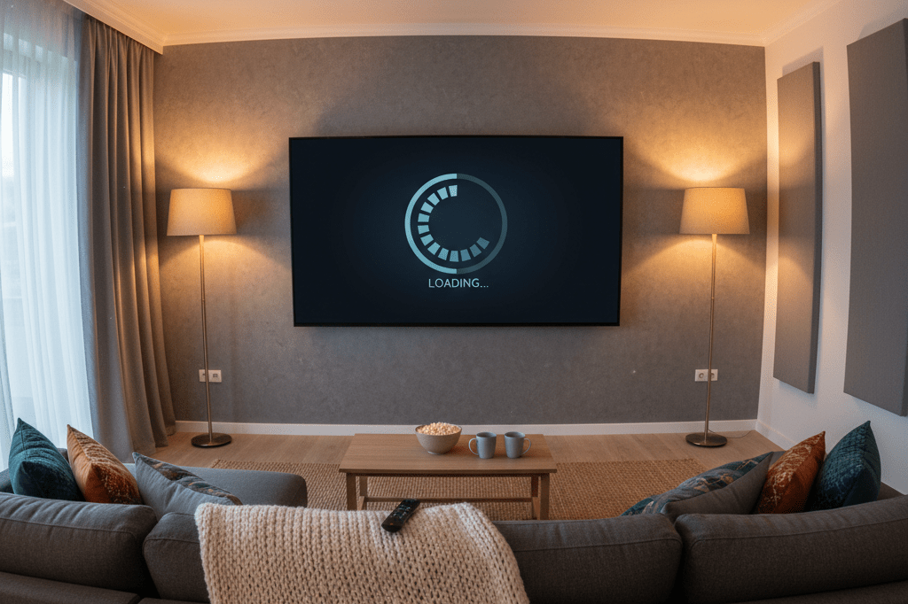 Cozy living room with large TV and soft lighting, evoking home entertainment experiences tied to strategic digital release timing