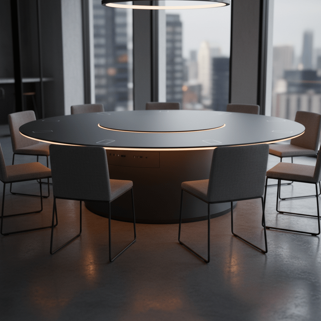 Futuristic dining table with hidden technology in urban loft Futuristic 12-person dining table with hidden tech in a sophisticated urban loft.