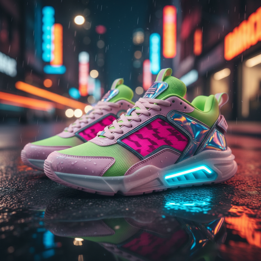 Futuristic pink and green sneakers with holographic surfaces on a wet neon-lit street.