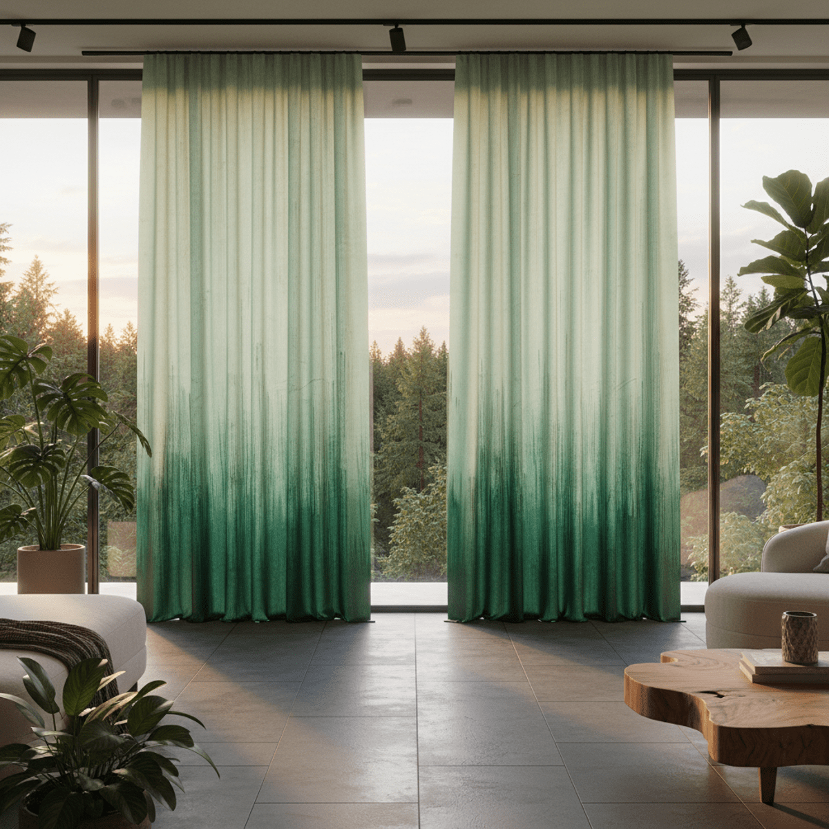 Modern silk curtains with nature-inspired tones. Modern silk curtains with sage green fading to forest tones in a nature-inspired living room.
