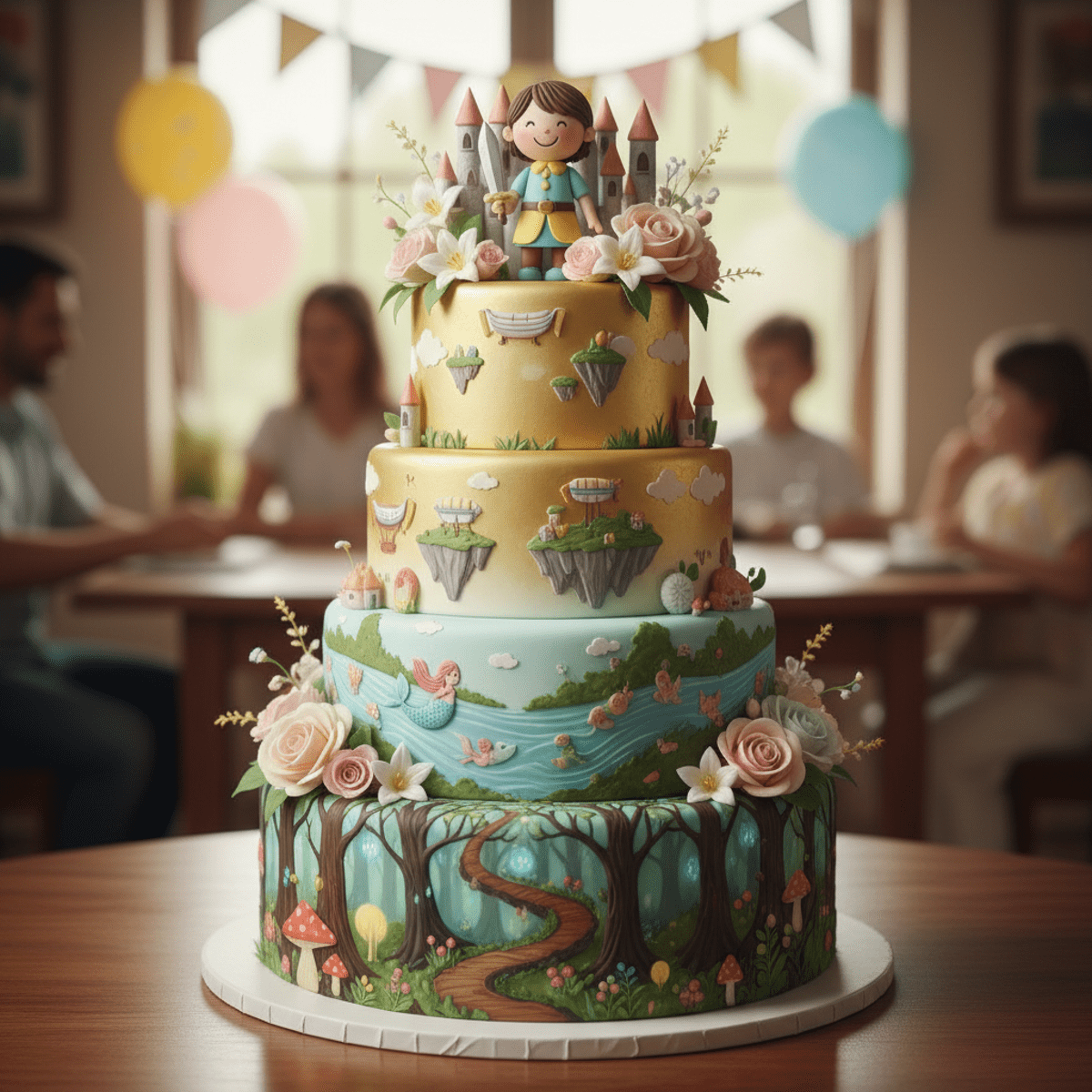 Whimsical tiered cake with printed fairy tale scenes and a sugar child hero.
