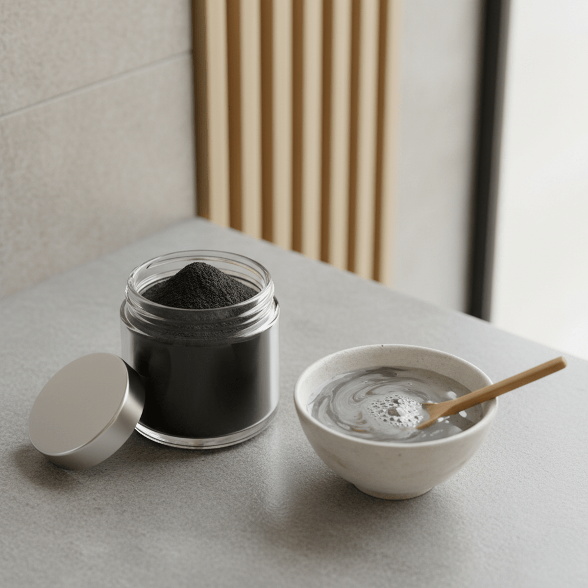 Sleek glass jar of black charcoal face wash powder foaming on a zen bathroom counter.