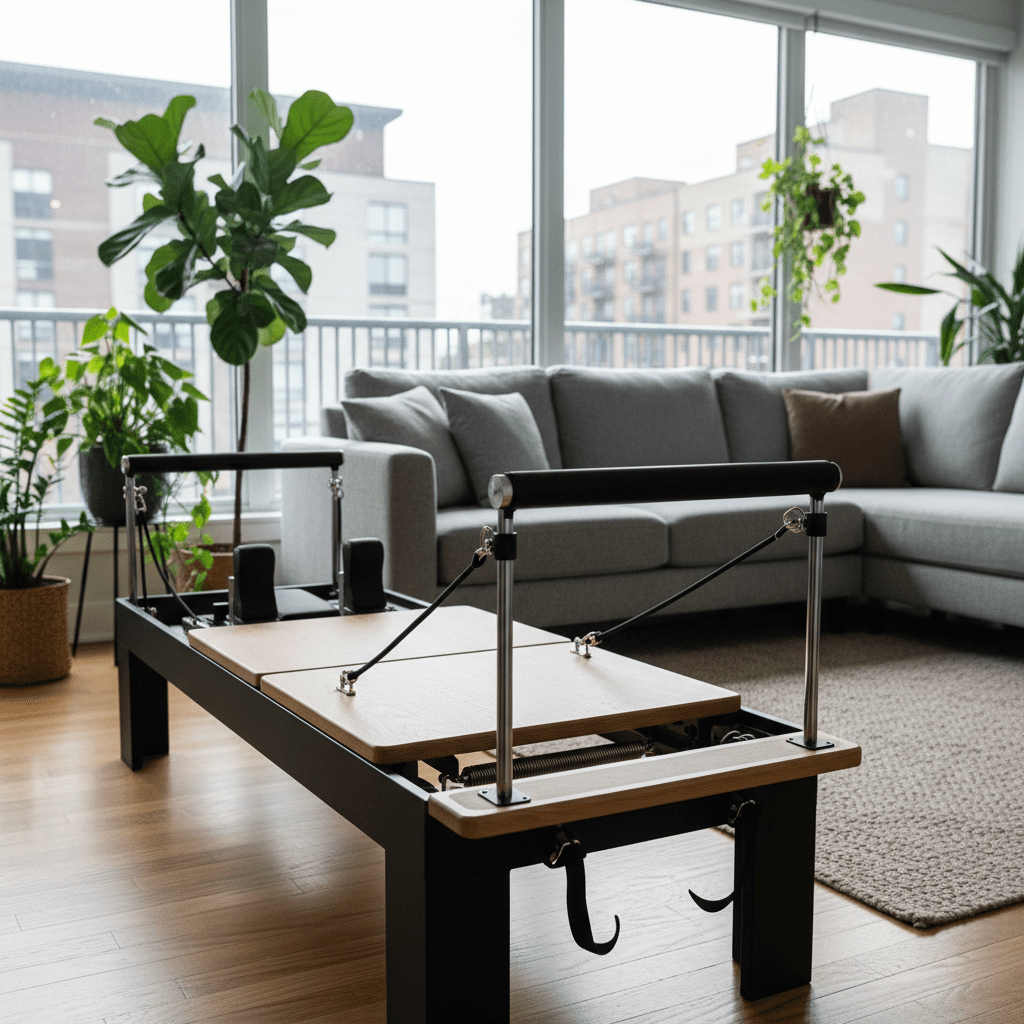 Slim pilates reformer unfolded in urban living room with matte black and oak finish.