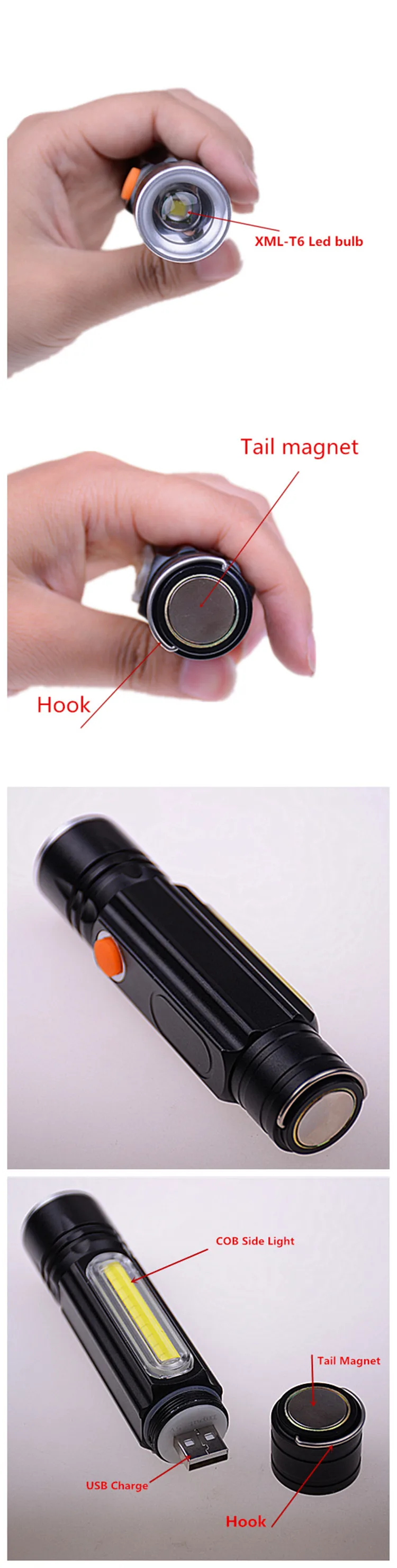 Multi-Function Magnetism Mini Torch Light,10W XML T6 USB Rechargeable COB Light Super Bright Led Zoom Flashlight with Hook