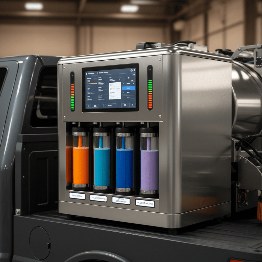 Sleek stainless steel carpet cleaner with automated dosing system on a service truck.