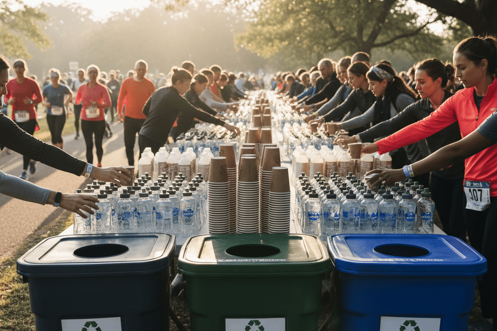 Wide shot of hydration station with recyclable cups and water bottles during peak race period under natural light