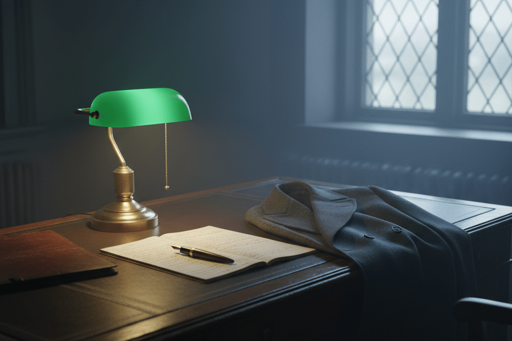 Wooden desk with antique pen, ledger, and wool coat under ambient light, representing timeless business strategies