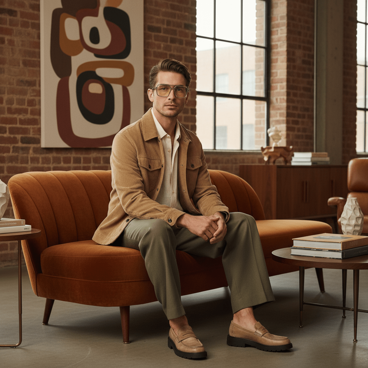 Man with pale yellow tinted glasses in a stylish urban loft setting.