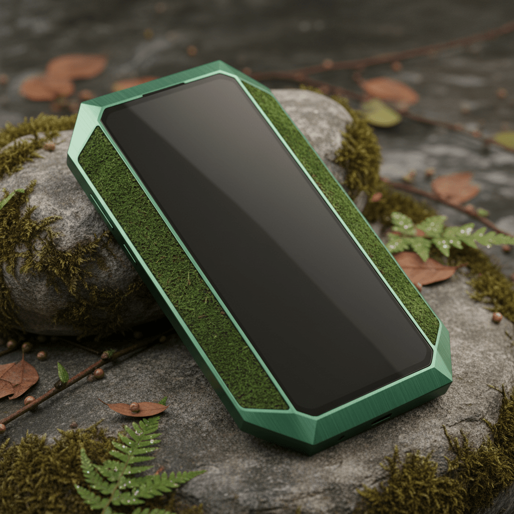 Eco-friendly phone with angular lines, recycled aluminum, and textured bio-resin panels.