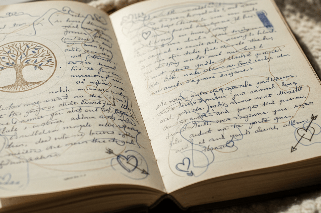 Worn journal with handwritten notes and sketches under natural light, representing genuine storytelling