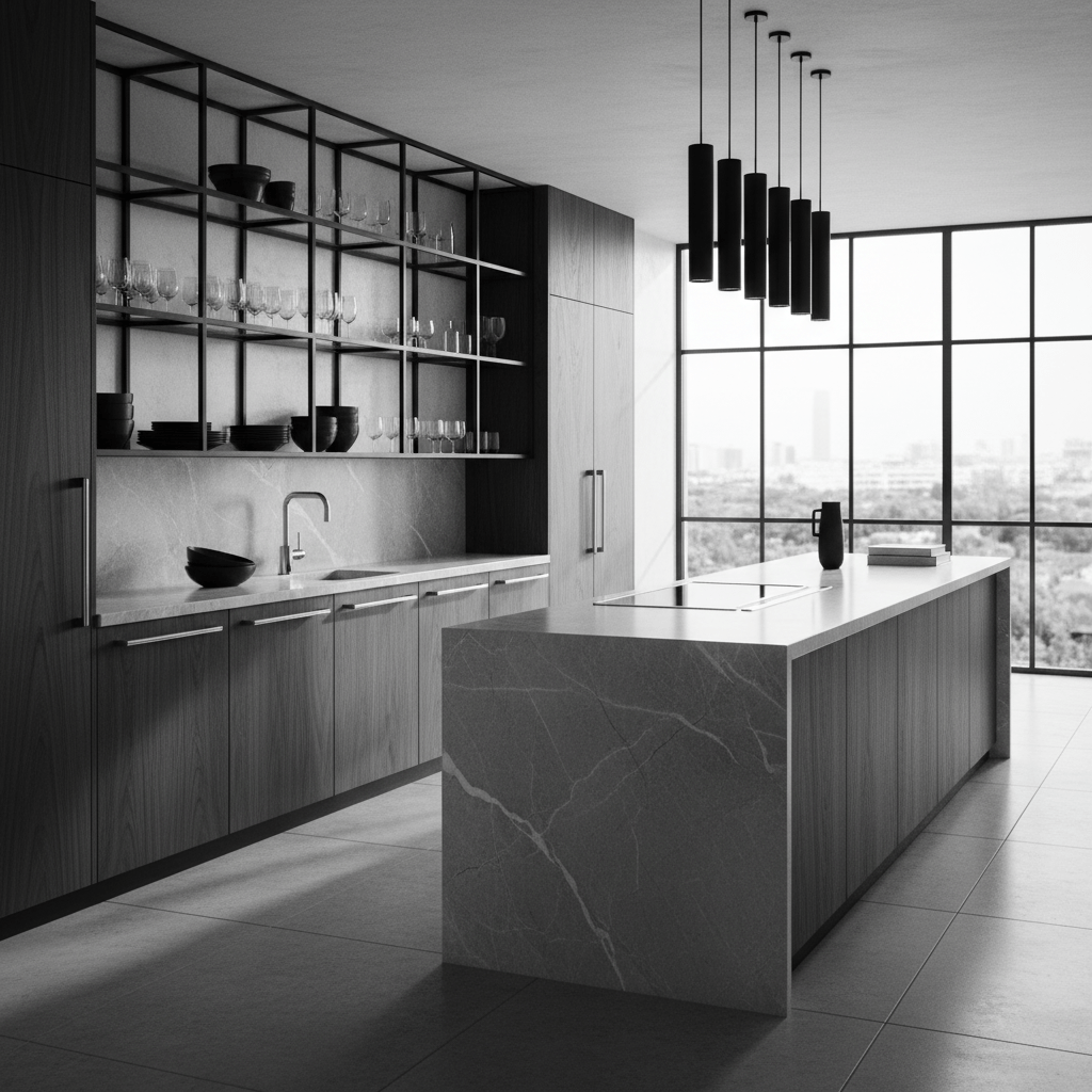 Sophisticated black and white kitchen with soapstone island and walnut accents.