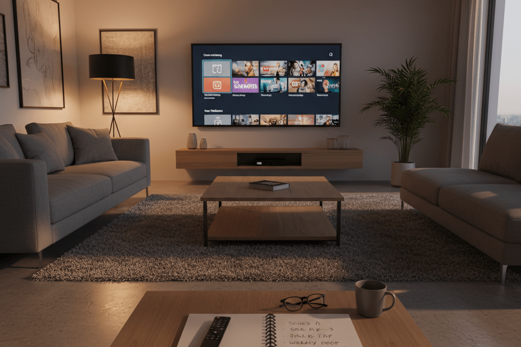 Living room with smart TV and viewing schedule notebook under warm ambient light, reflecting strategic episodic content planning