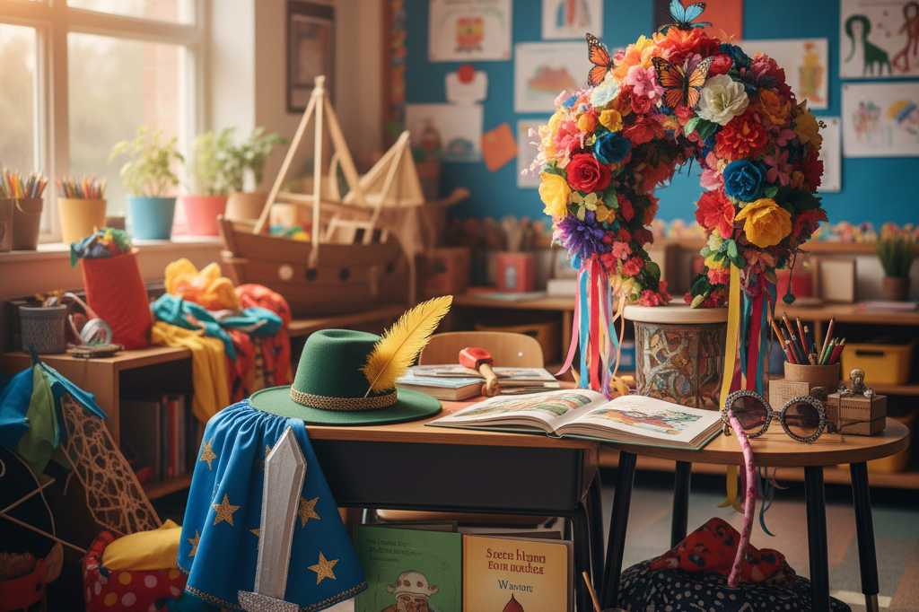 Classroom corner displaying literary costumes and books under natural light, symbolizing engaging educational events
