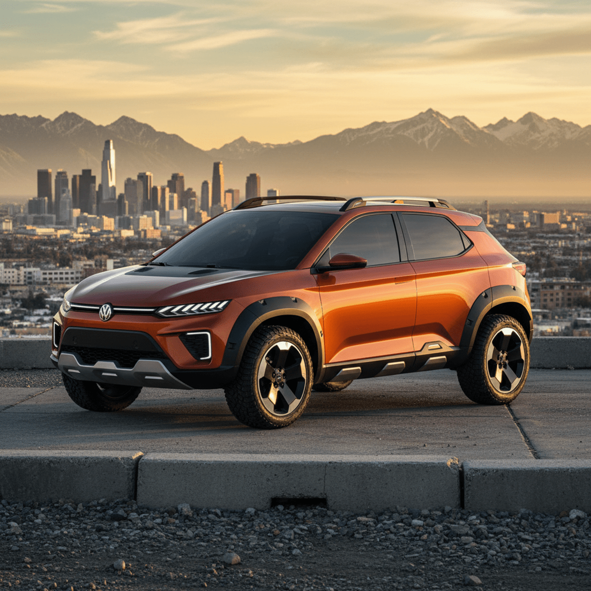 Futuristic hatchback with adventure styling against a city and mountain backdrop at golden hour.