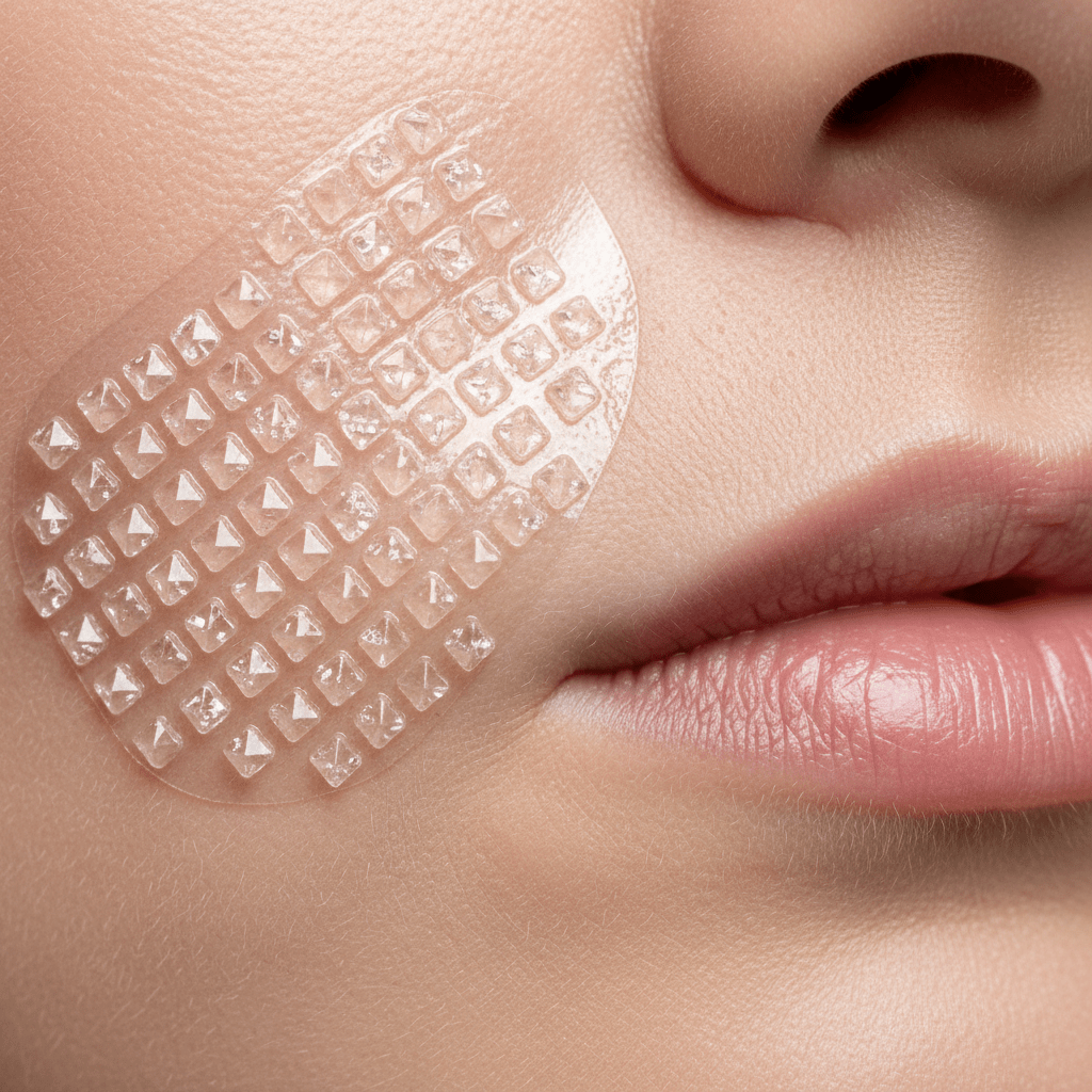 Microscopic view of a dissolvable microneedle patch on skin, showing hyaluronic acid pyramids.