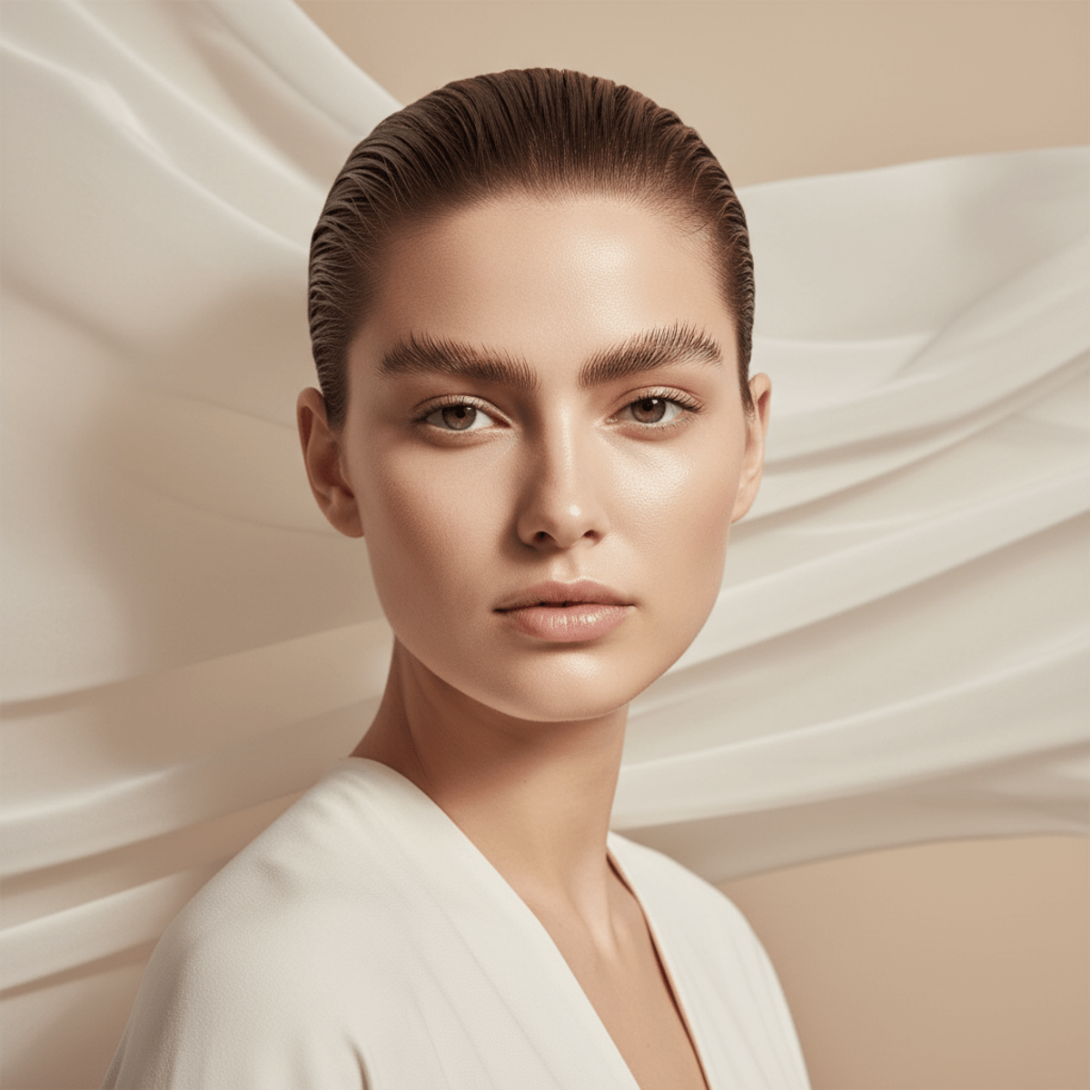 Model with modern feathered lift eyebrows, luminous skin, and soft cinematic lighting.