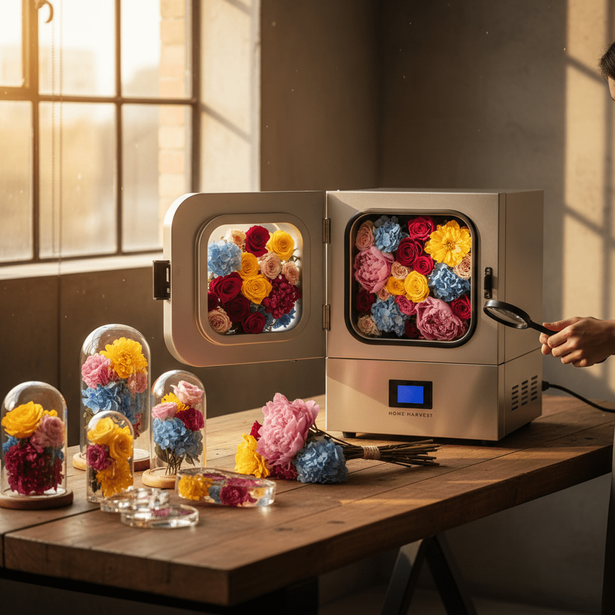 Freeze dryer preserving colorful flowers and resin art in golden hour light.