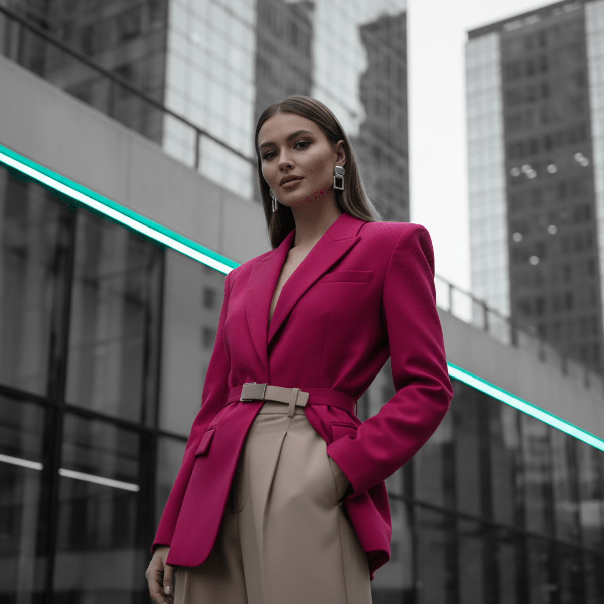 Model in fuchsia blazer and beige trousers against geometric architecture.