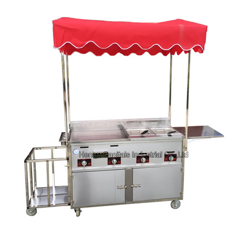 Stainless steel French Fries Vehicle Mobile Trailer Gas Breakfast Stall Food Cart with Grill and 2 Fryers For selling Hot Dog