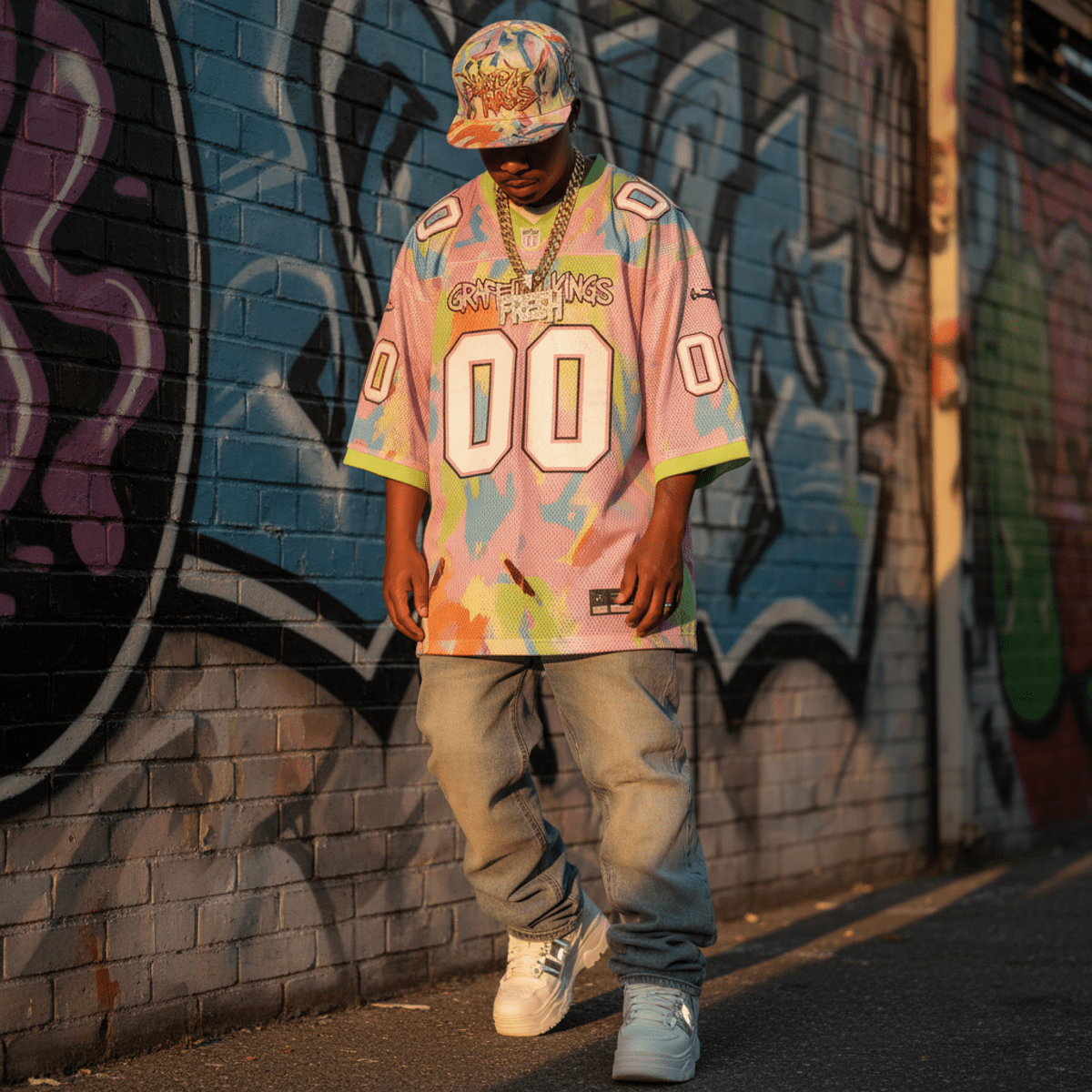 2000s hip hop fashion: pastel neon jersey, baggy jeans, cap, chain, mesh fabric.