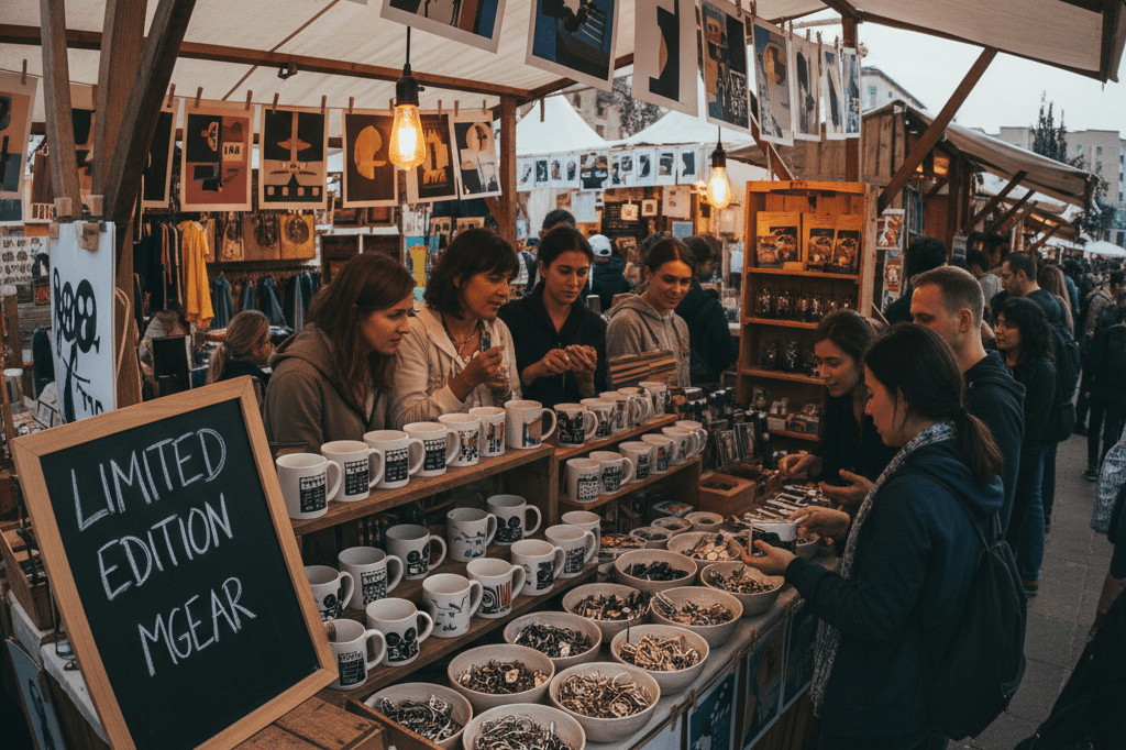 Wide shot of a lively market stall displaying assorted film-inspired goods under warm lighting, capturing consumer interest