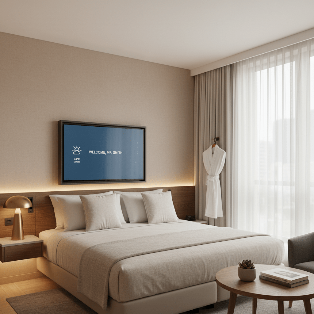 Sleek hotel room with personalized welcome screen and textured linen bedding.