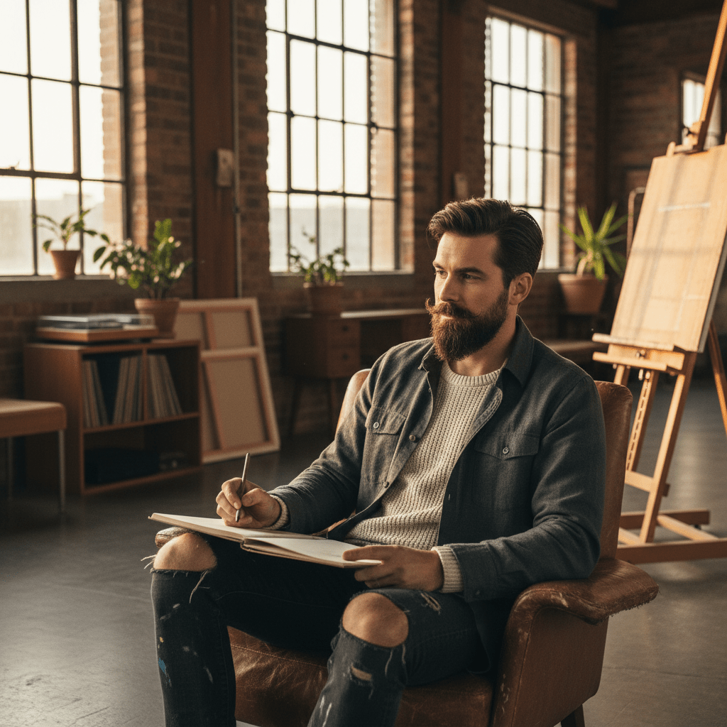 Man with textured Van Dyke goatee in sunlit loft, relaxed artist style.