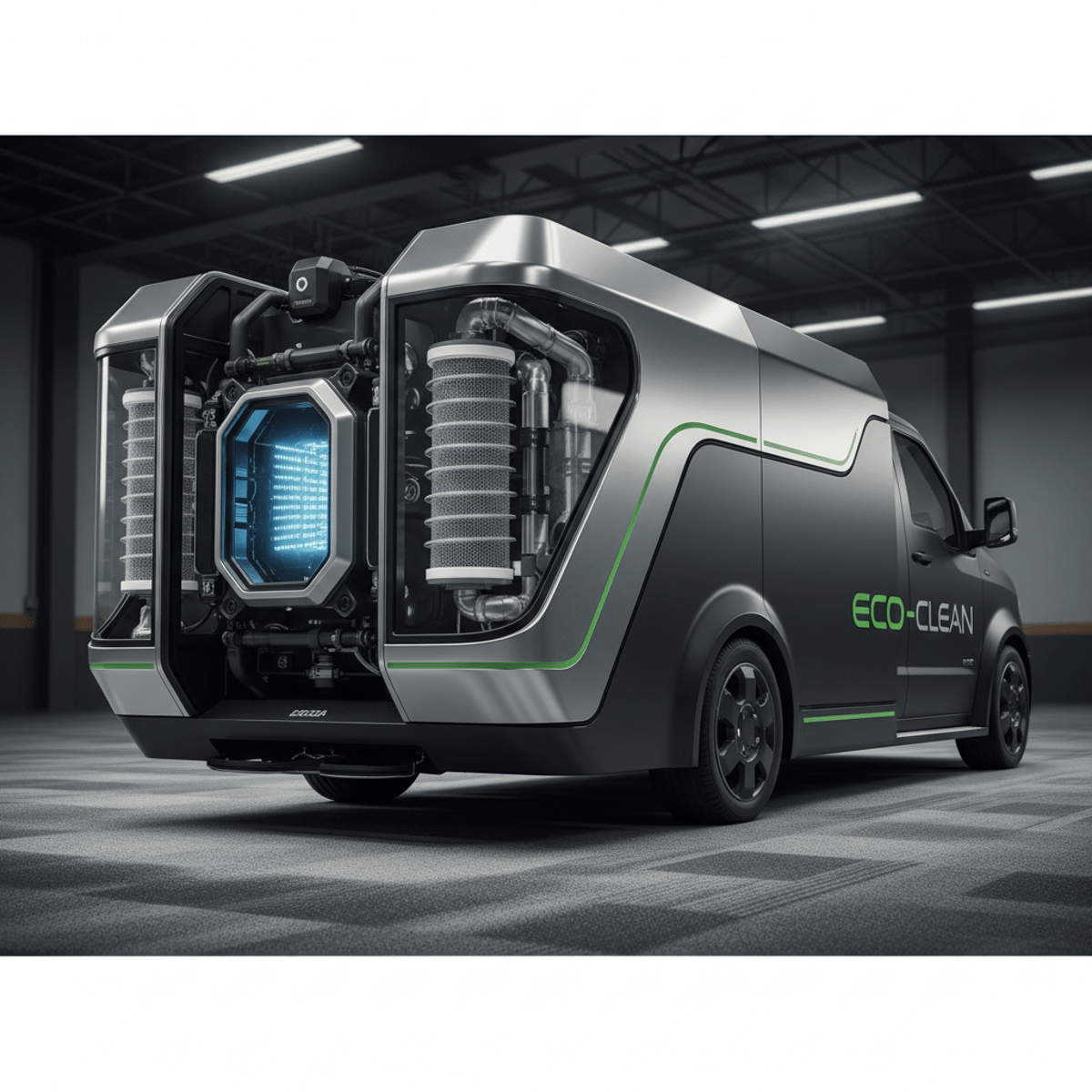 Futuristic truck mount carpet cleaner with visible filtration and UV sterilization.