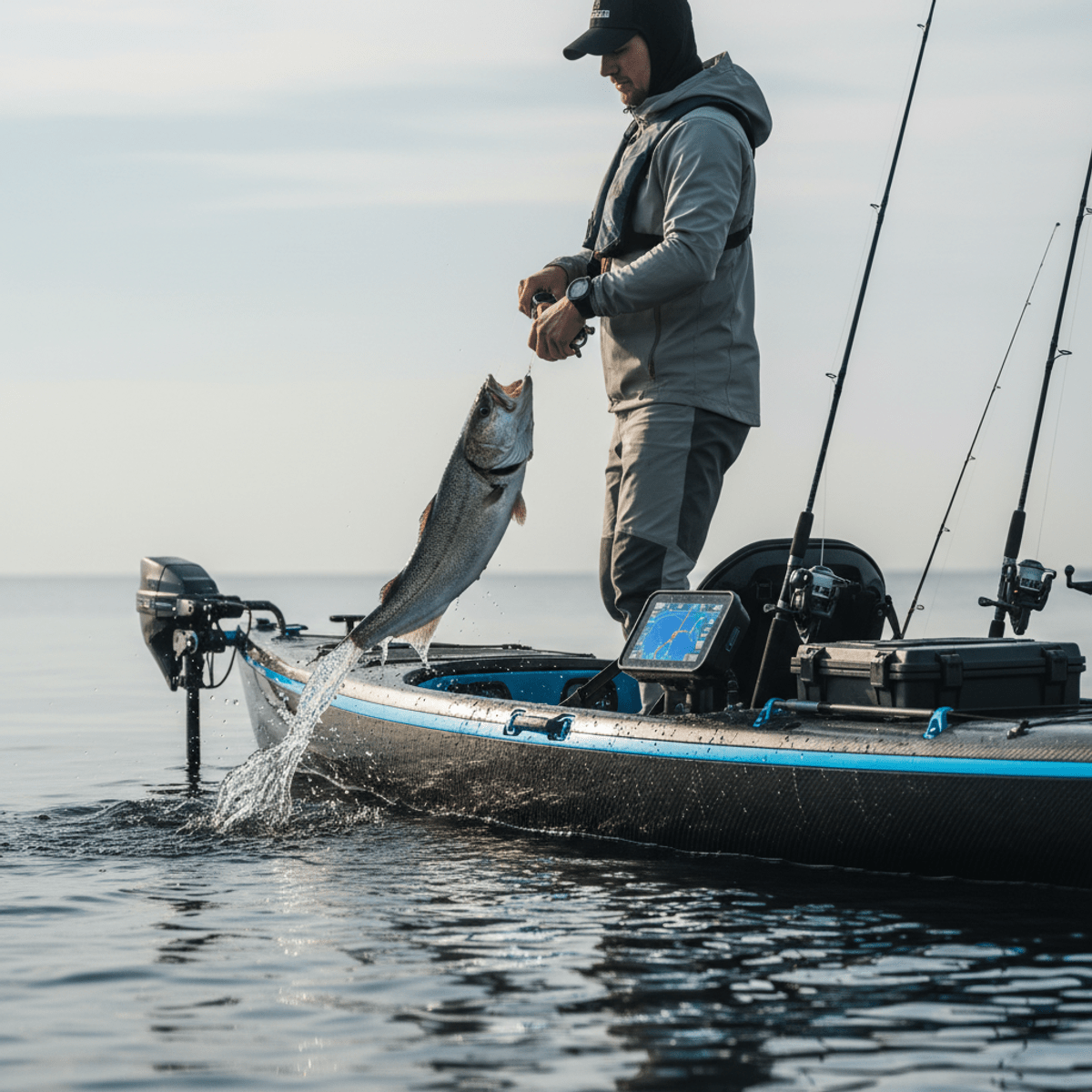 Futuristic fishing kayak with angler and wireless controls Angler stands near bow of futuristic fishing kayak, reeling in fish with wireless controls.