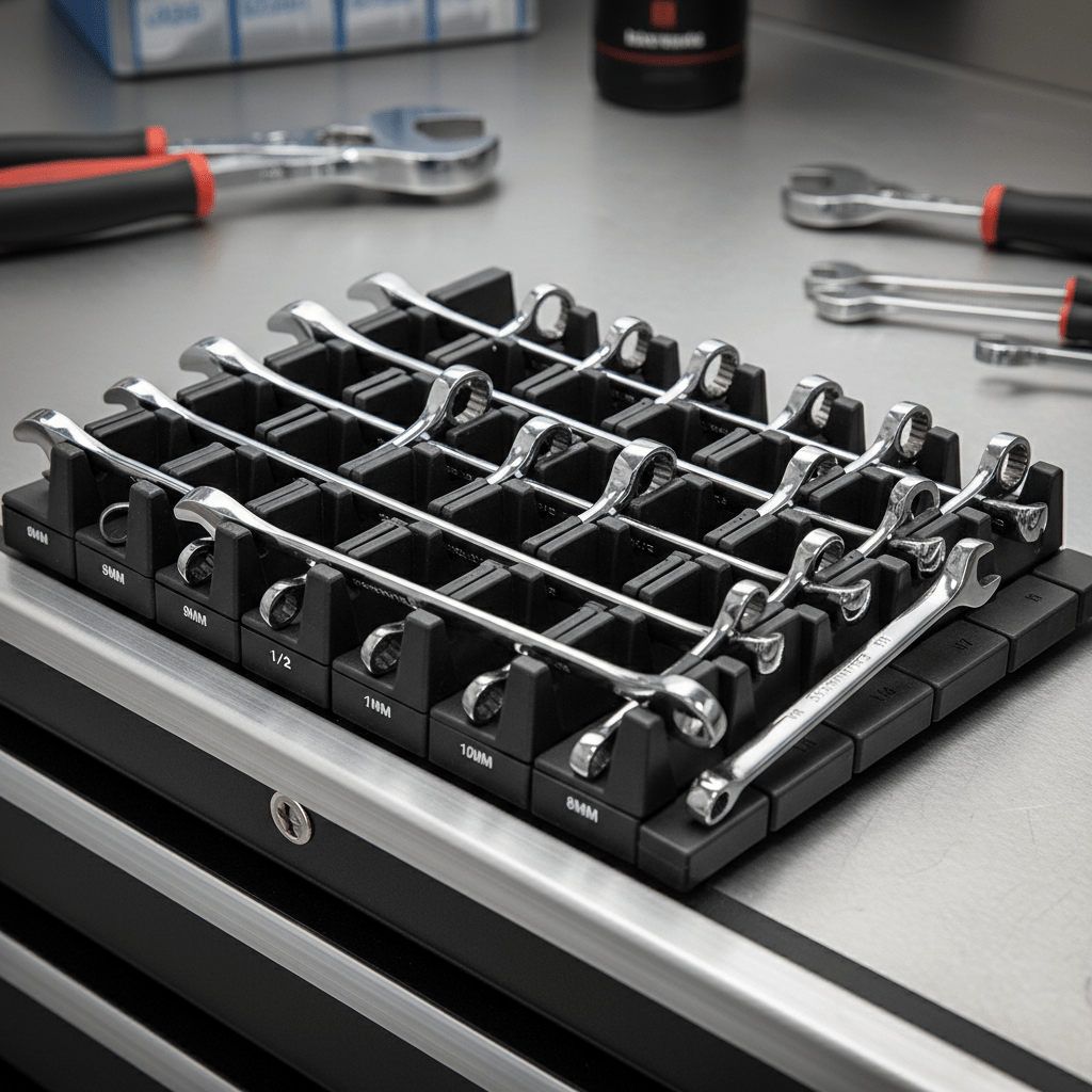 Modular wrench organizer system with precision-engineered matte black plastic modules in a toolbox.