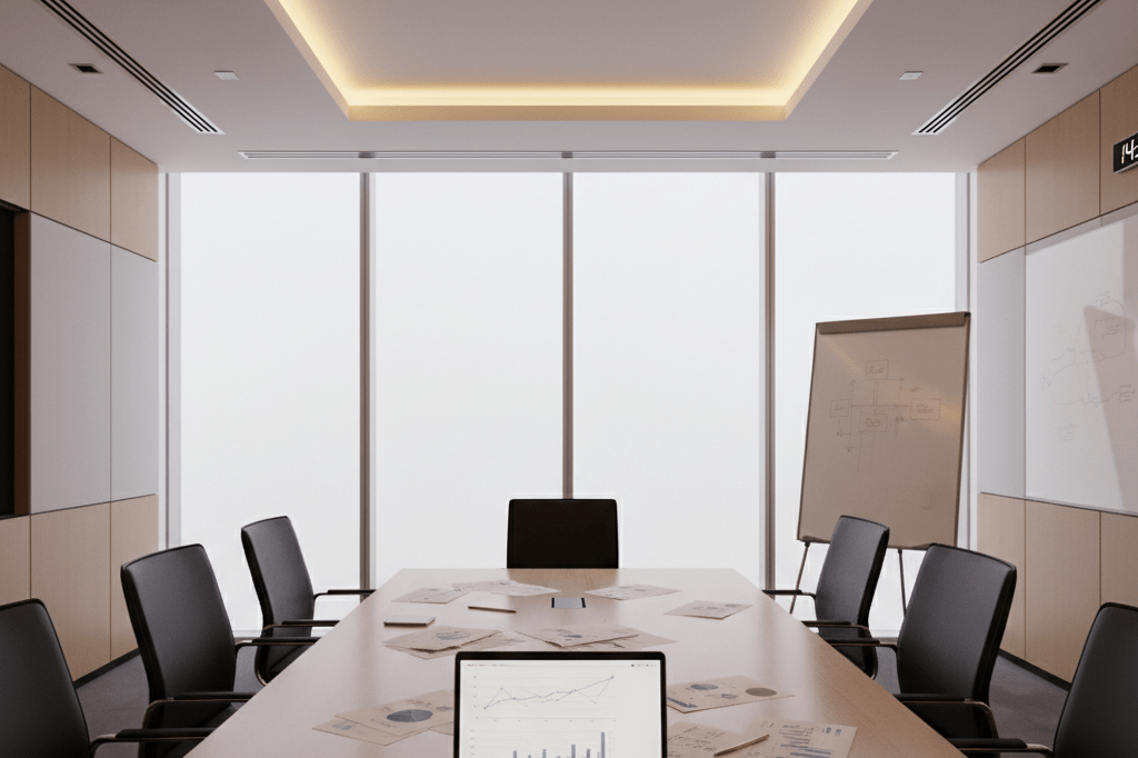Wide shot of a meeting room with papers, laptop, and whiteboard under natural light, symbolizing thoughtful strategy and timing