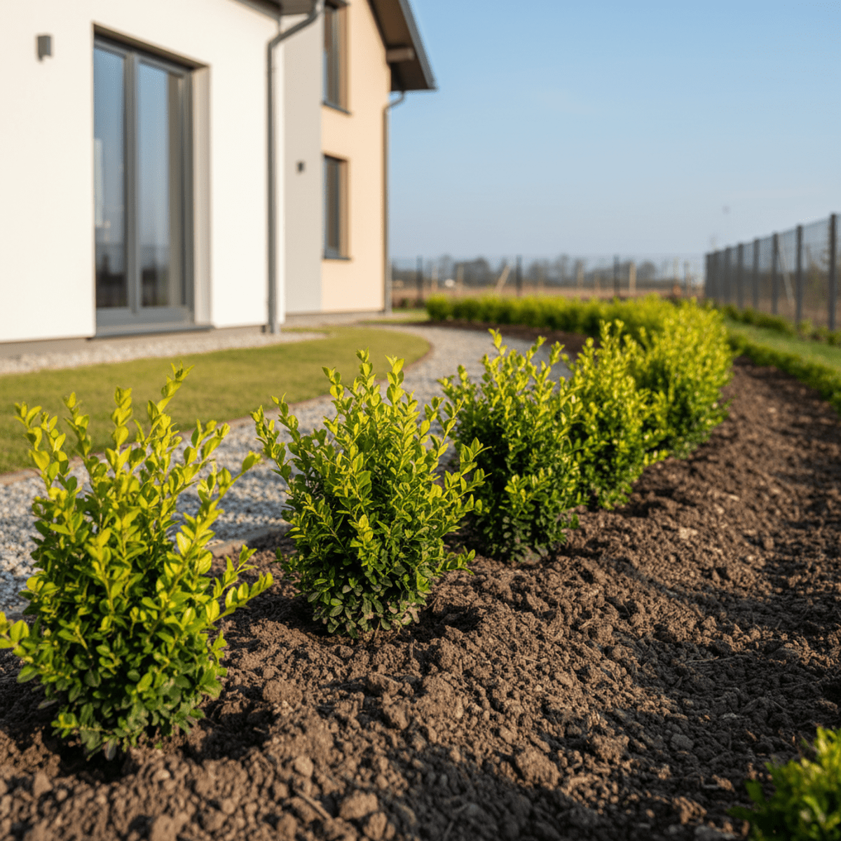 Young boxwood and privet shrubs planted in a straight line for a property hedge.