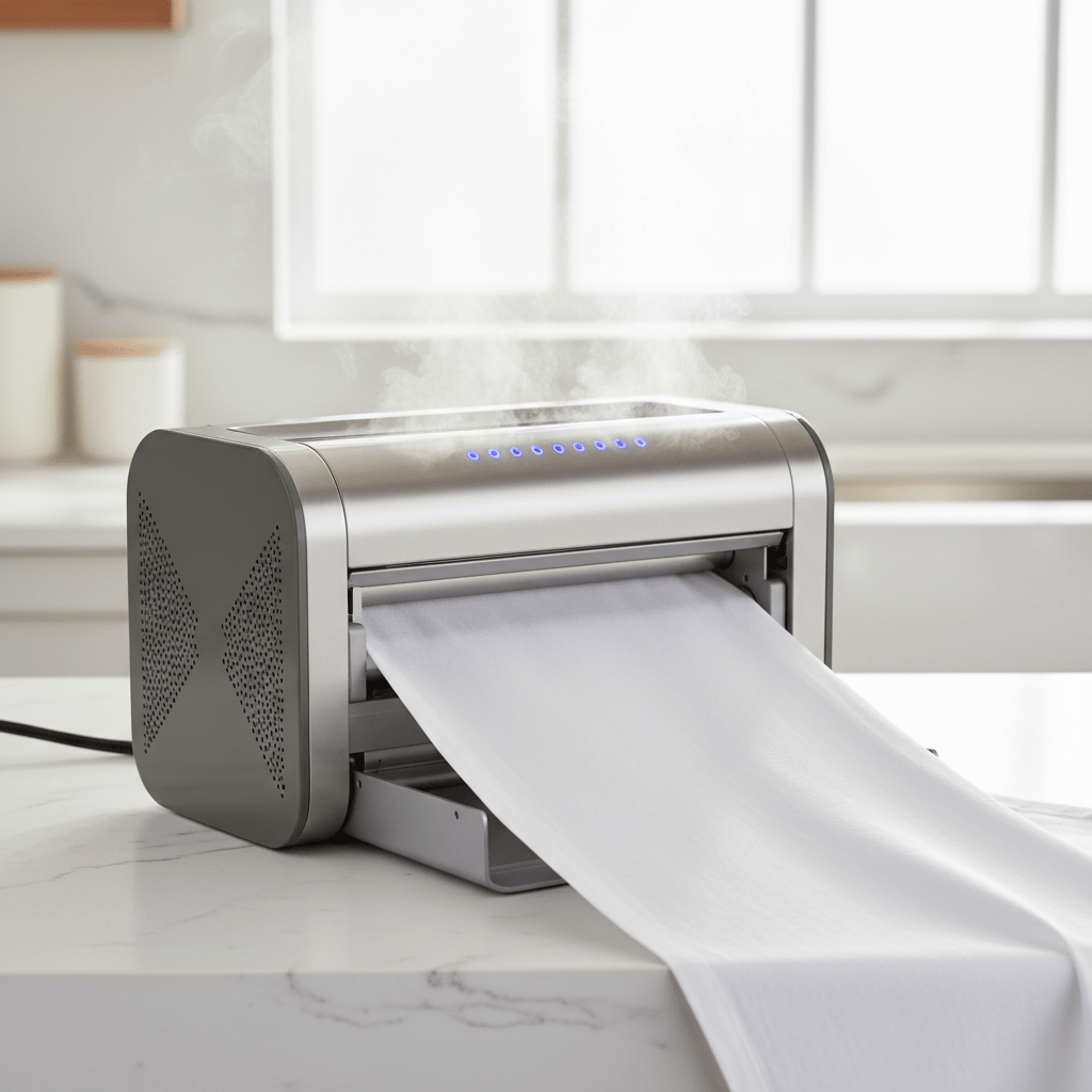 Sleek ironing machine with rotary rollers pressing crisp white bed linens.