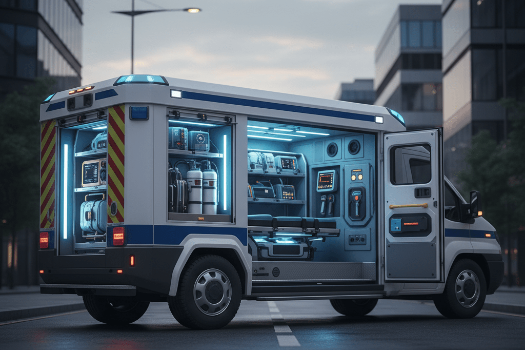 Emergency response vehicle with advanced medical gear inspired by space station technologies under natural evening light