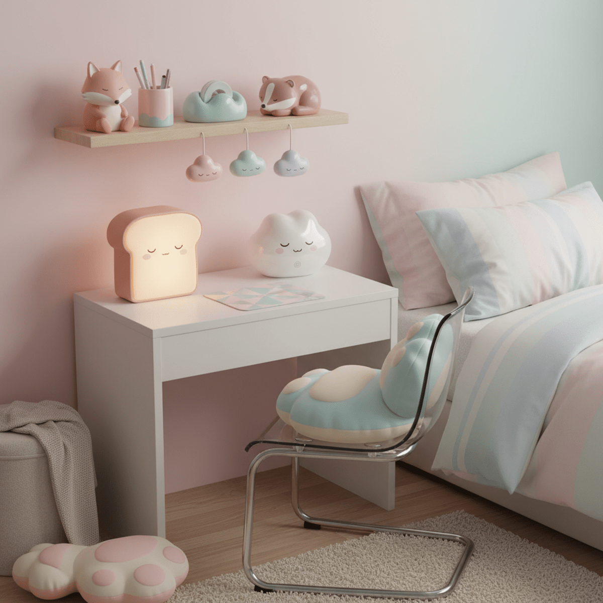Softly lit bedroom corner with kawaii decor featuring a pastel toast lamp and cloud humidifier.