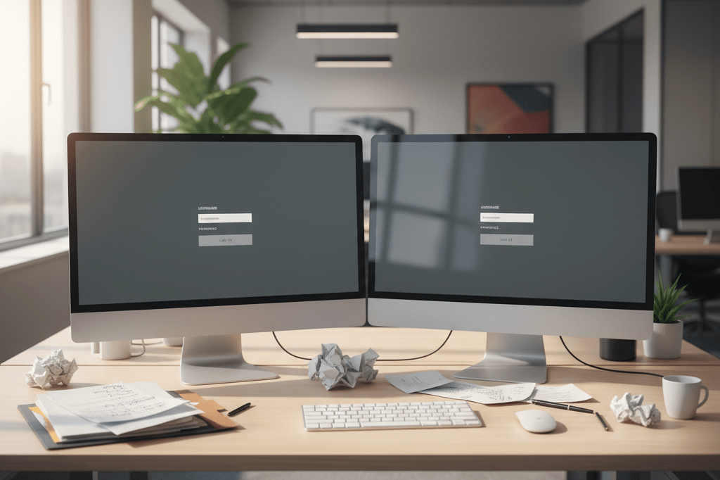 Wide shot of an office desk with dual monitors showing login interfaces under natural and ambient lighting