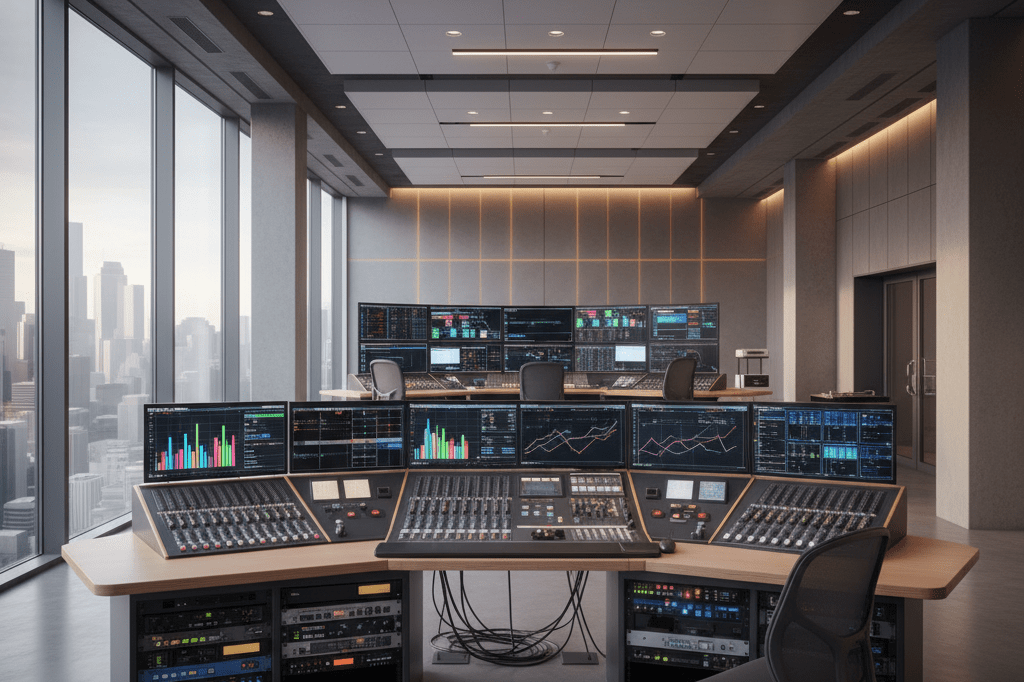 High-tech television studio with analytics monitors and glowing indicators under ambient light, symbolizing intelligence-driven market decisions