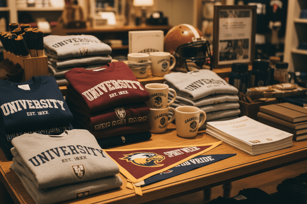 Retail table with college apparel and memorabilia under warm lights showing market demand