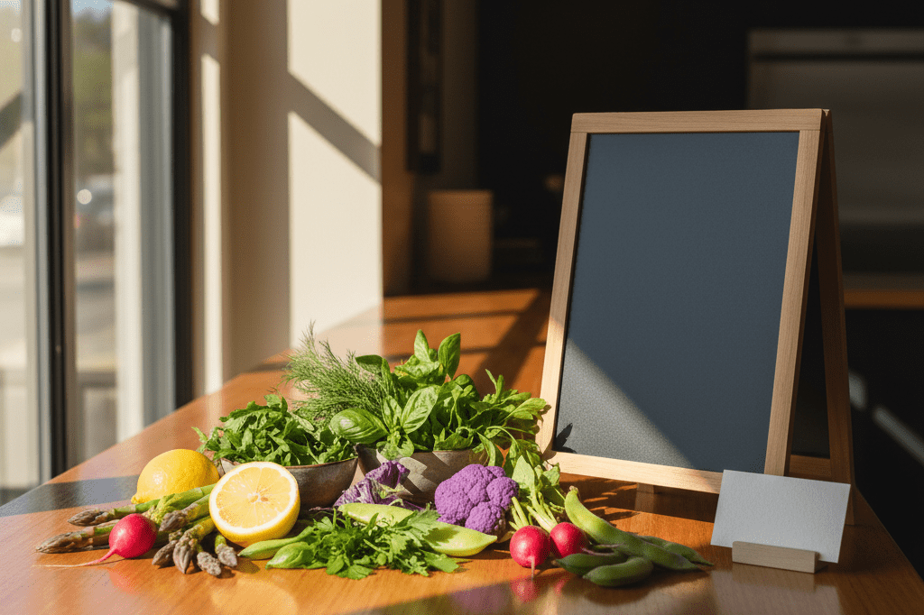 Vibrant spring vegetables and herbs on a counter beside a blank menu under warm natural light