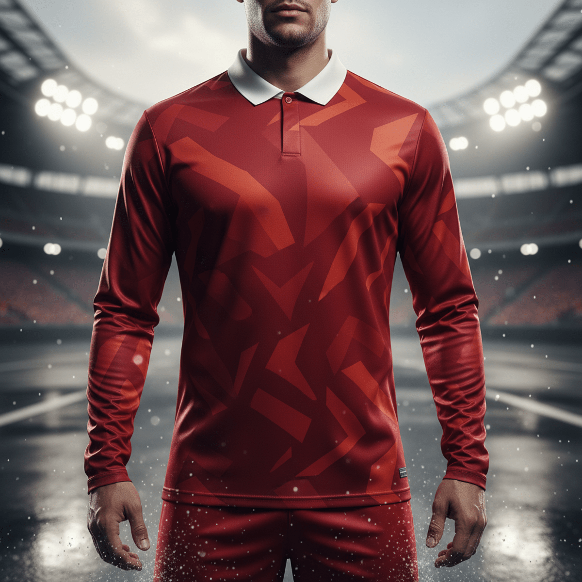 Male soccer player in vibrant red geometric jersey on urban street.