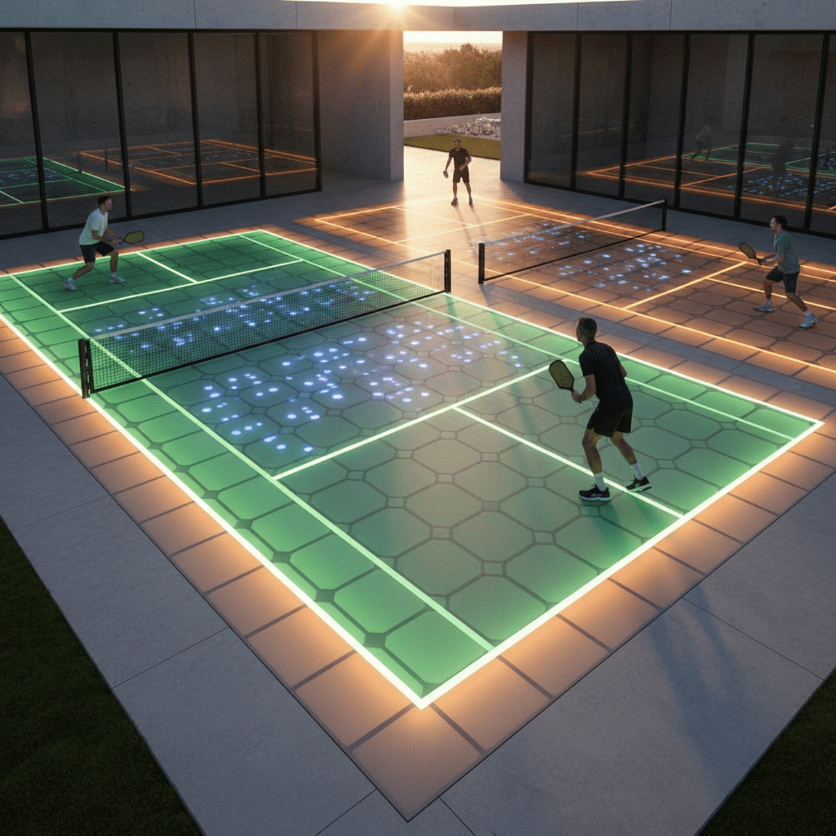 Luxurious outdoor sport court tiles with embedded LED strips glowing vividly.